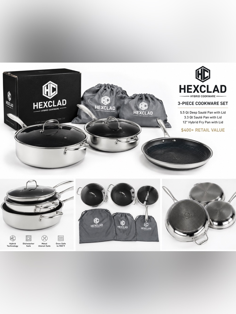 HexClad 3-Piece Stainless Steel Cookware Set in Silver